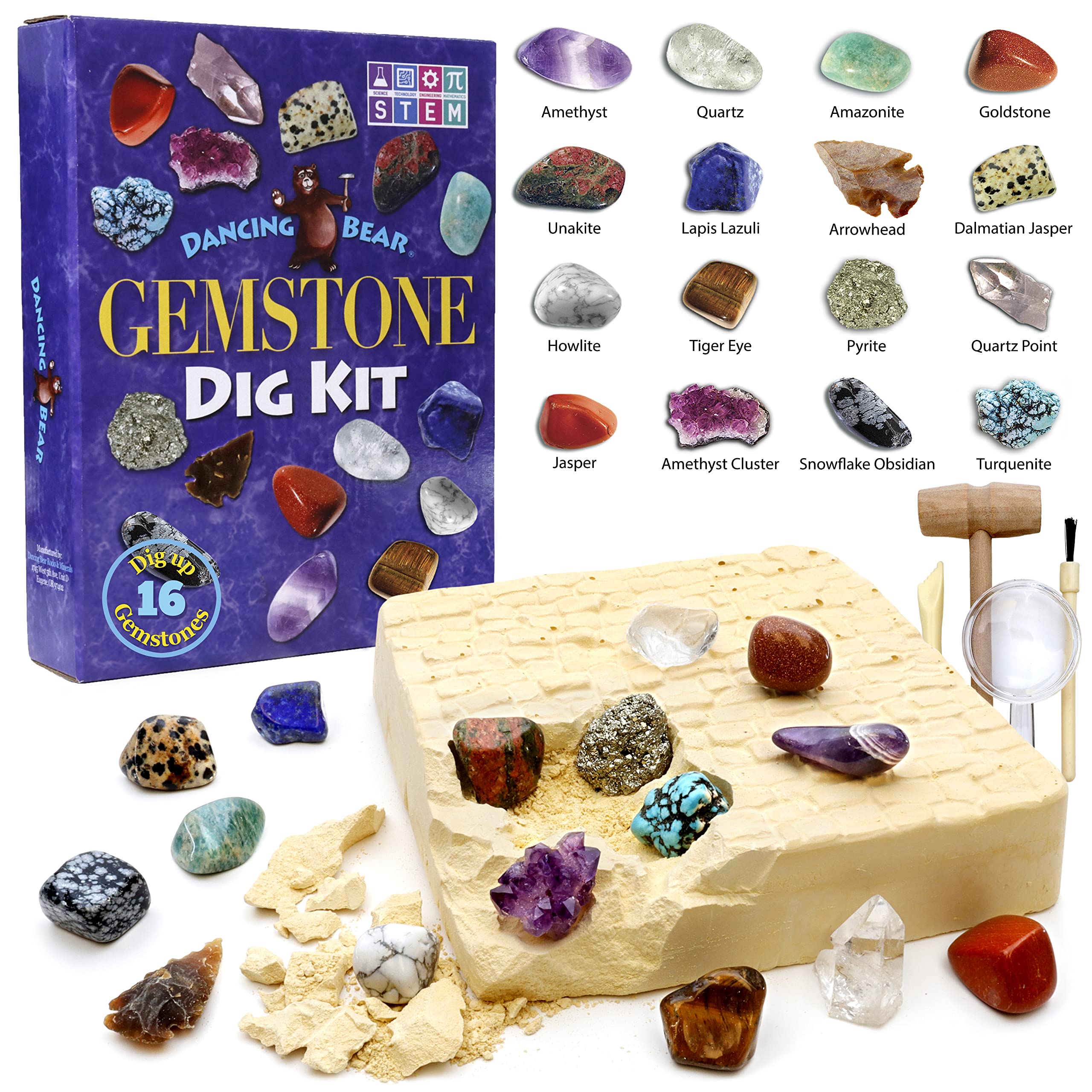 DANCING BEAR Gem stone Dig Kit, Excavate 16 Real Gems & Crystals including Arrowheads, Quartz Point and Amethyst, STEM Education for Kids, Fun Rock Mining Science Activity Gift Sets for Girls and Boys