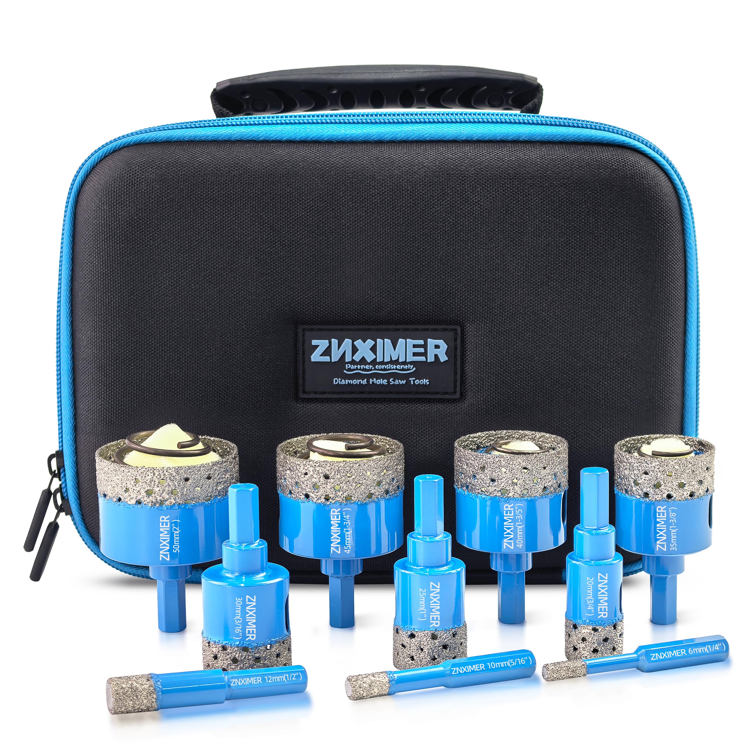 Tile Hole Cutter Set, ZNXIMER Diamond Drill Bits, 10pcs Tile Drill Bits Set 6mm-50mm for Glass, Porcelain, Ceramic, Tiles, Granite, Marble, Stone and More Drilling