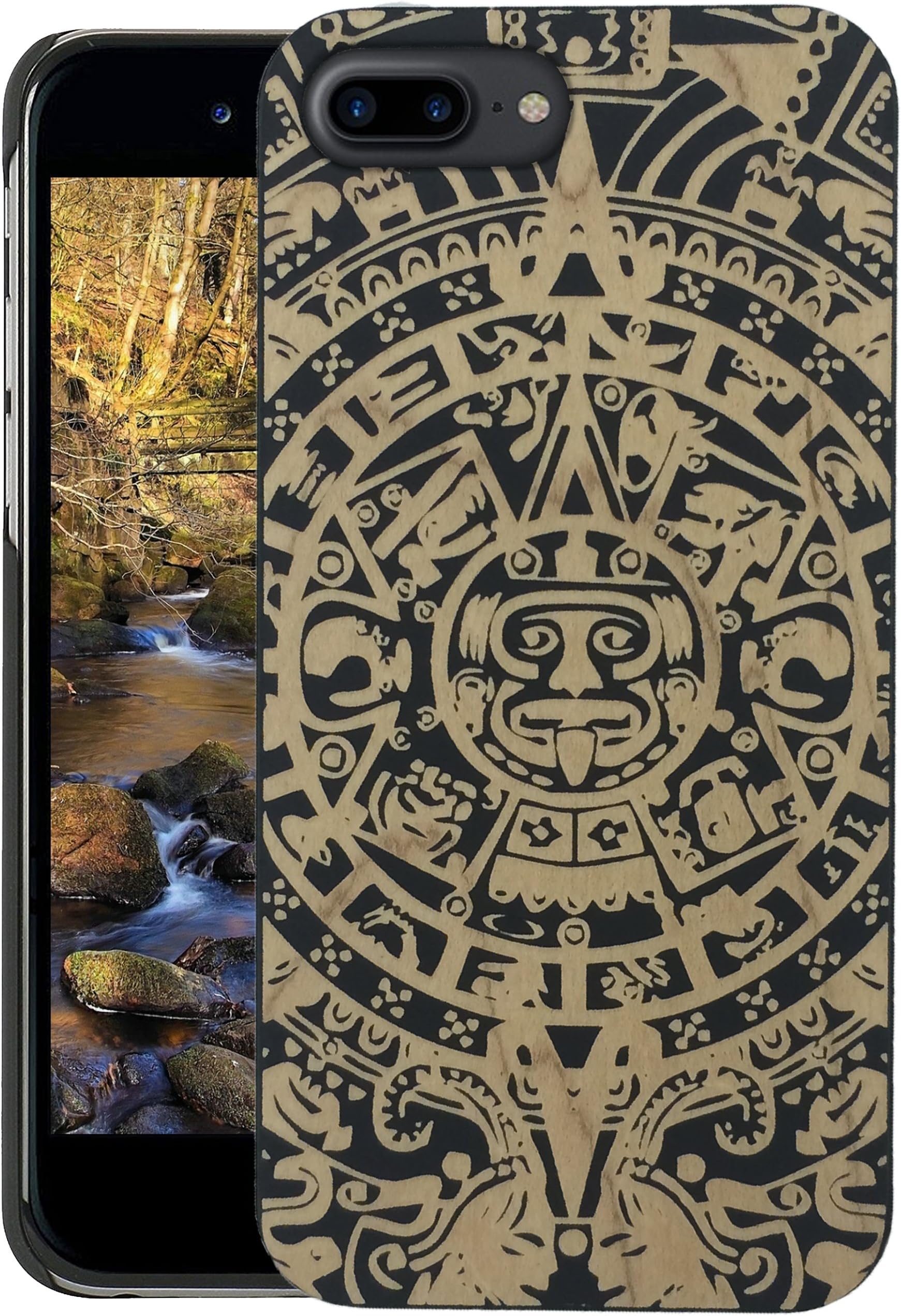 Wood iPhone Case - iPhone 7 Plus/iPhone 7 Plus Case - WDPKR Wooden Phone Cover - Unique High Contrast Black Painted Wood Bumper Accessory for Apple iPhone 7 Plus (Aztec Calendar)