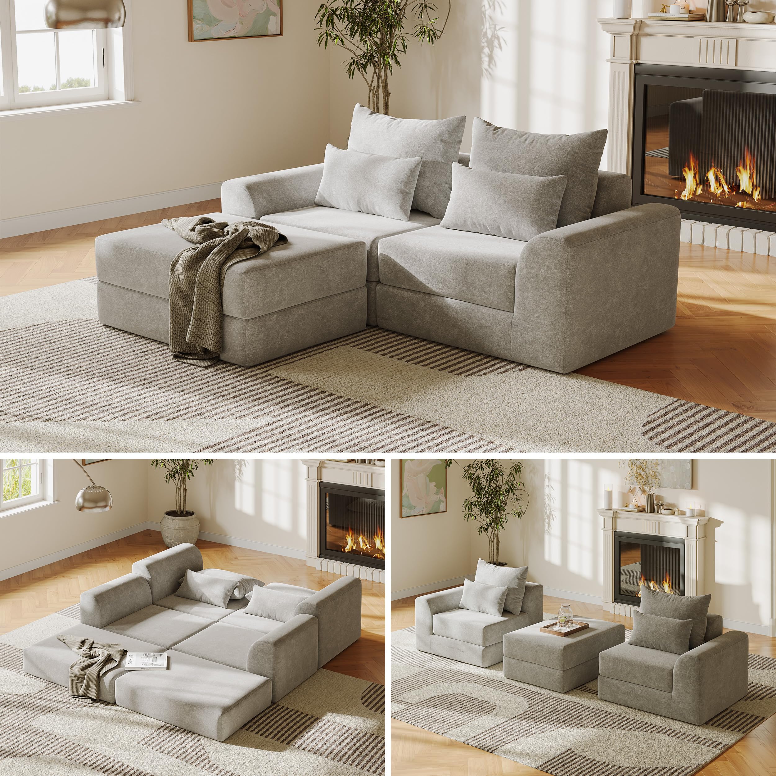 Photo 1 of SOFA-IN-BOX Modular loveseat with Ottoman, L-Shape Boneless Couch, Customizable Sectional Couch, Free Combination Design Sleeper Sofa, Stone Echo
