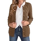 VIISHOW Women Cable Knit Cardigan Sweater Crew Neck Button up Cardigan with Pocket Sweater Coat for Fall and Winter