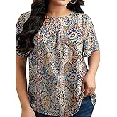 Micoson Womens Plus Size Tops Short Sleeve Dressy Chiffon Blouses Crewneck Shirts Loose Flowy Pleated Tunic