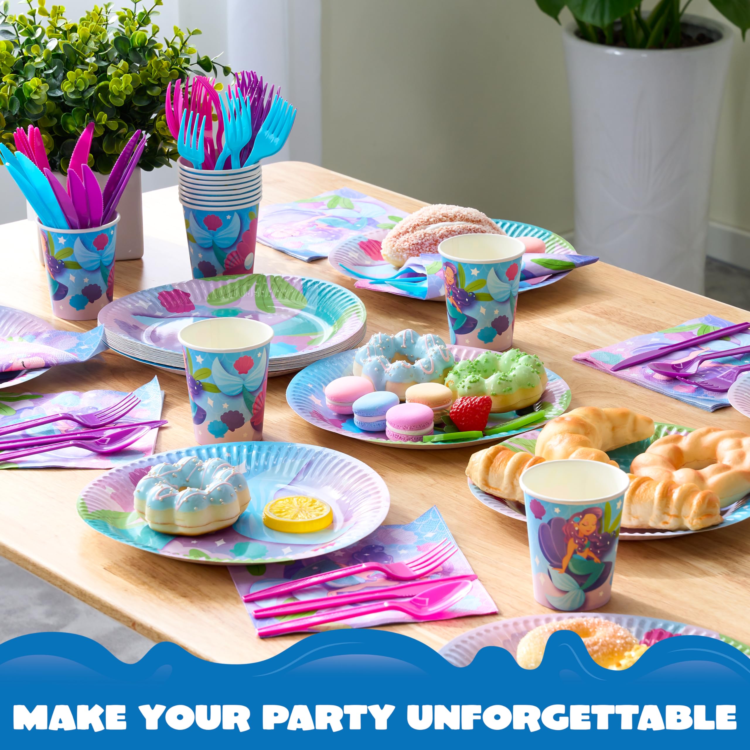 JOYIN 145 Pcs Mermaid Birthday Party Supplies with Banner, 24 Serves Mermaid Tableware Set with Plates, Cups, Napkins, and Cutlery Sets for Mermaid Themes Party Kids 6 7 8 Years