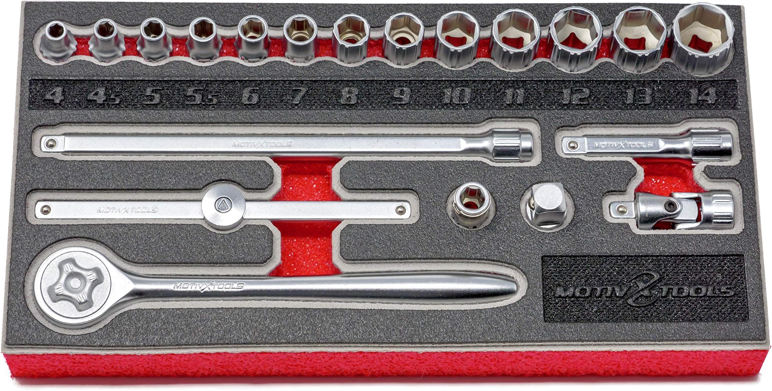 Motivx Tools 1/4" Drive 4mm - 14mm Metric Shallow 20 Piece Socket, Ratchet, Extension, and Accessory Set