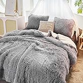 Flysheep Luxury Faux Fur Full/Queen Size Winter Comforter Set Shaggy Velvet Gray Long Hair, 3 Pieces Plush Flannel Sherpa Backing Reversible Soft Microfiber Super Warm Bedding Set for Holiday