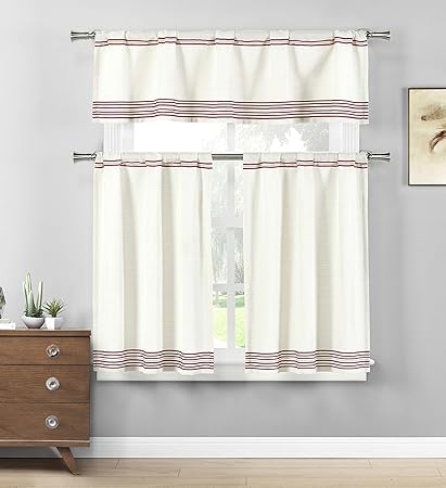 HOME MAISON - Wilmont Striped Kitchen Window Curtain Tier and Valance Set, 2 29 x 36 | 1 58 x 15, Burgundy