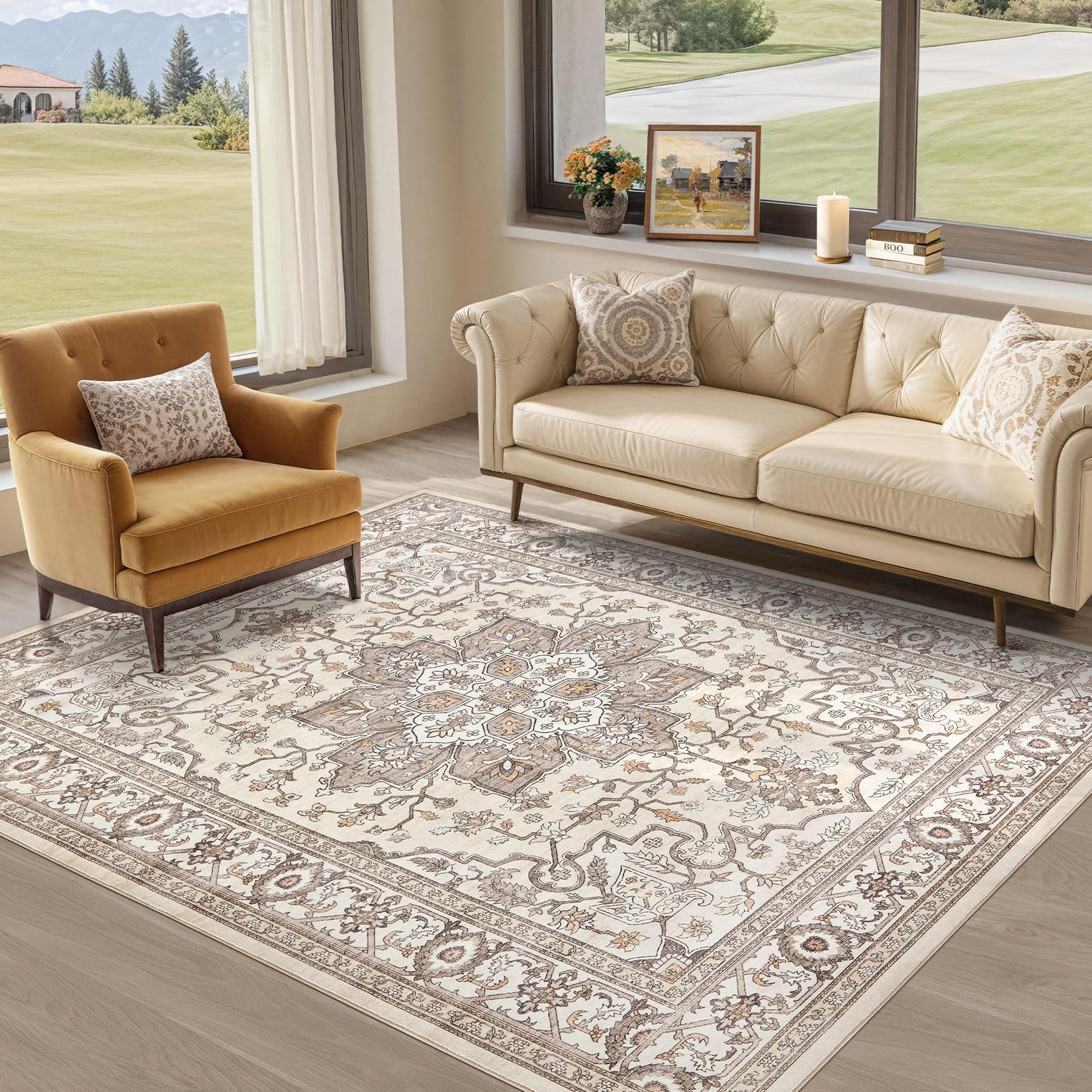 Photo 1 of ***FACTORY SEALED***ESEOE Washable 6x9 Area Rugs: Soft Large Vintage Low Pile Carpet Neutral Farmhouse Non-Slip Stain Resistant Indoor Rug for Living Room Bedroom Dining Room Dorm Office Home Decor(Brown,6'x9')