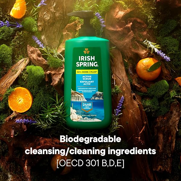 IRISH SPRING ACTIVE SCRUB EXFOLIATING BODY WASH FOR MEN, 24-HOUR FRESH, BIODEGRADABLE INGREDIENTS, PARABEN FREE, COOL FRESH SCENT, 30 FL OZ PUMP BOTTLE