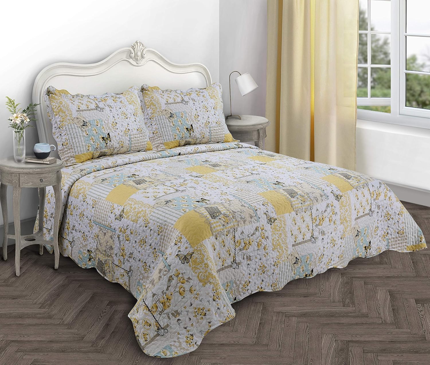 Velosso Quilted Patchwork Vintage Country Shabby Chic Comforter Bedspread Bed Throw Vintage Floral Yellow Birds Boutique Double Bed