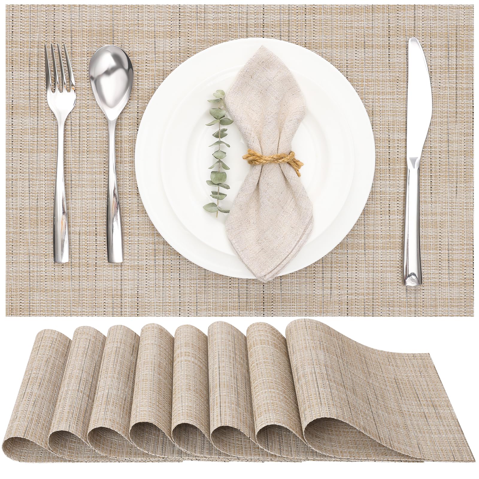 Myir JUN Table Mats Set of 8, Place Mats Table Placemats Washable Non-slip Heat Insulation Woven Vinyl for Kitchen Dinning Restaurant 17"X12" (Light Yellow) — image 1