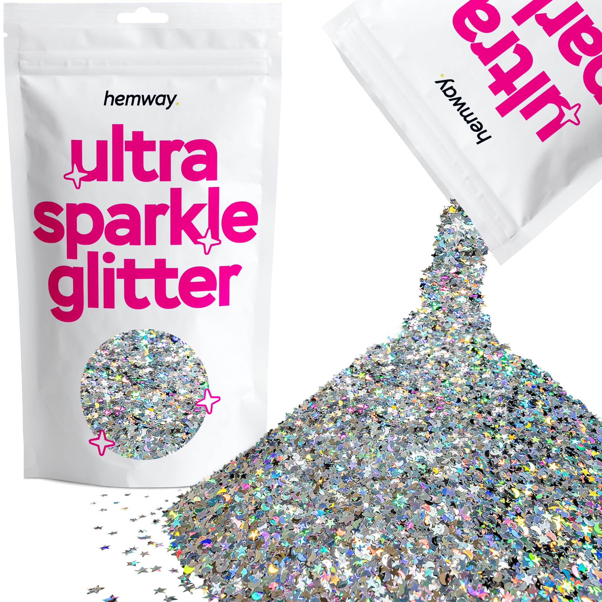 Hemway Ultra Sparkle Glitter Silver Holographic Stars & Moons 100g | Glitter for Arts & Craft, Makeup, Nail Art, Crafting, Card Making, Sparkle Decoration