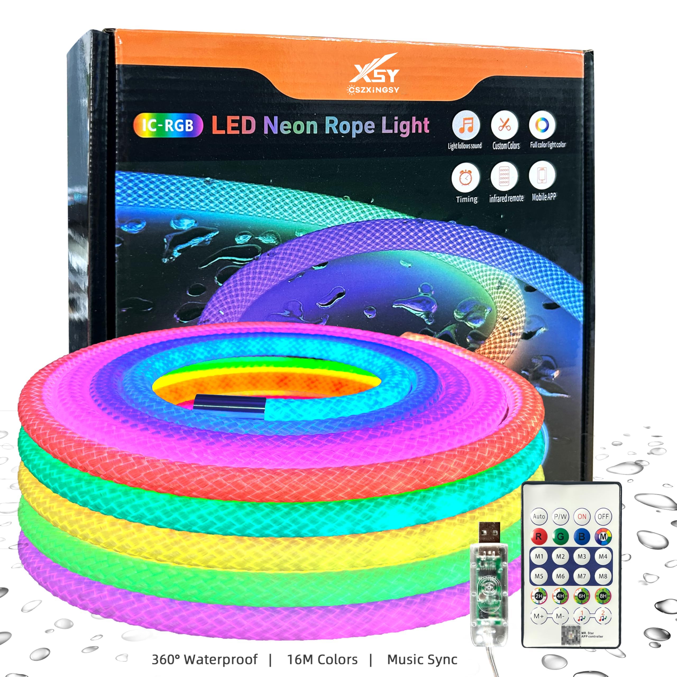Photo 1 of 16.4ft Neon LED Rope Lights, 360 Led Light Strip Waterproof Strip with Music Sync,Remote & APP Control,USB-Powered Flexible Lighting for Indoor/Outdoor Gaming Room,Bedroom, and Wall Decor