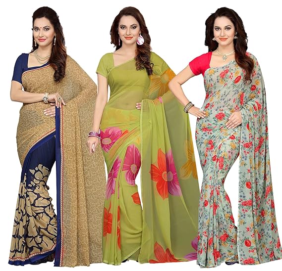 Women Faux Georgette Printed Mutlicolor Saree/Sari (Combo of 3_ Free Size)