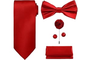 TIE G U STYLE TIE G 5pcs Tie Set in WHITE OR BLACK GIFT BOX: Solid Color Necktie, Satin Bow Tie, Pocket Square, Lapel, Cuff Links