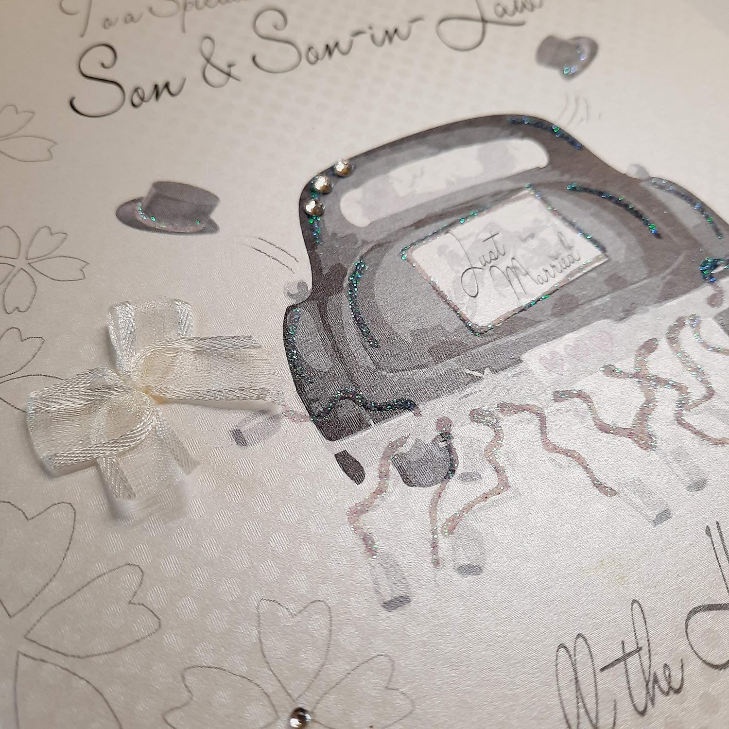 white cotton cards Son and Son-in-Law Handmade Wedding Card with Civil Partnership Car, 16cm x 16cm - Image 4