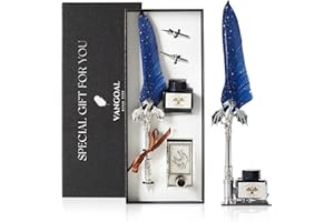 VANGOAL Dragon Quill Pen and Ink Set, Vintage Dragon Feather Pen with Novelty Pen Base, Retro Carving Dip Pen Calligraphy Pen Gift Set for Writing, Drawing(Dark Blue)