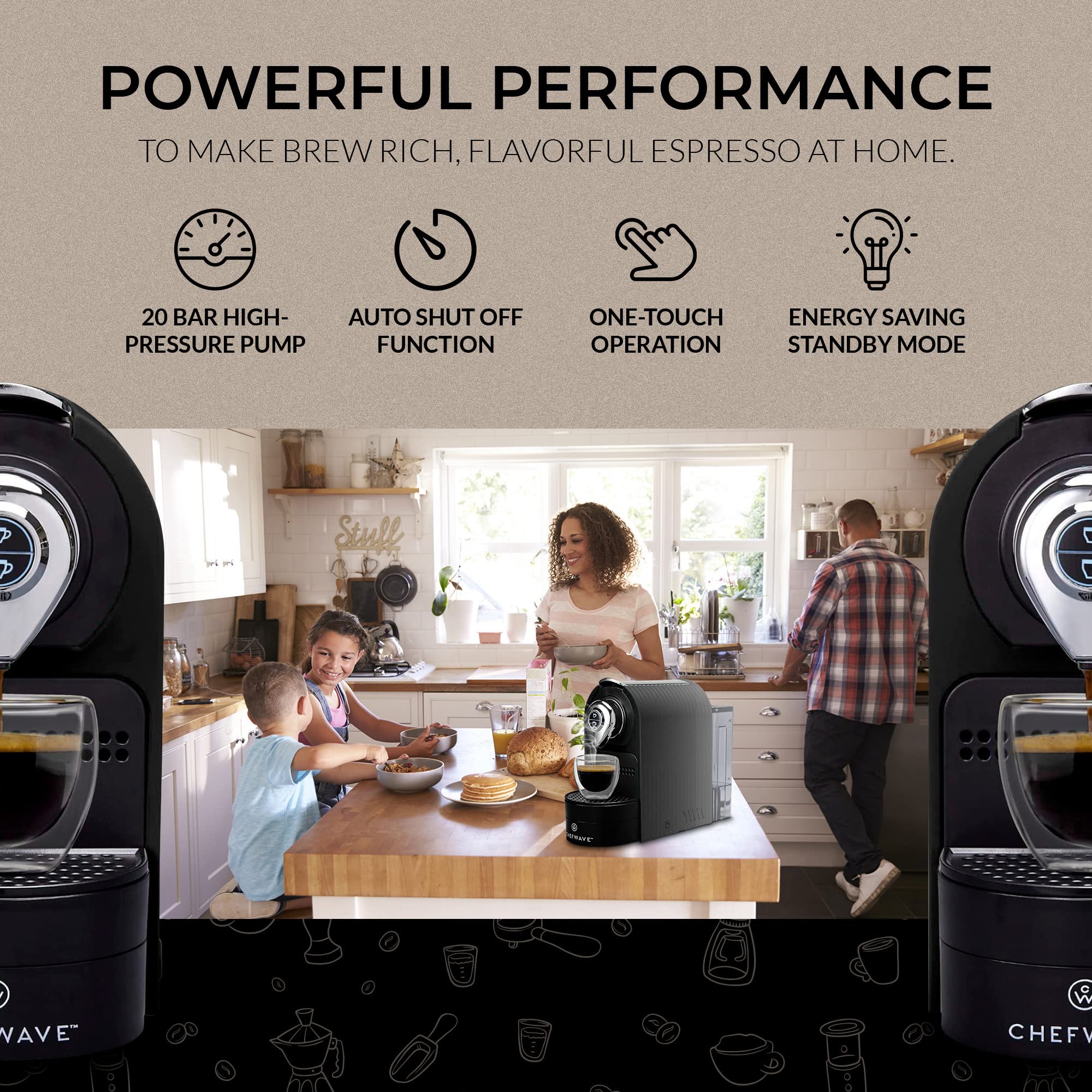ChefWave Espresso Machine and Coffee Maker (Black) Compatible with