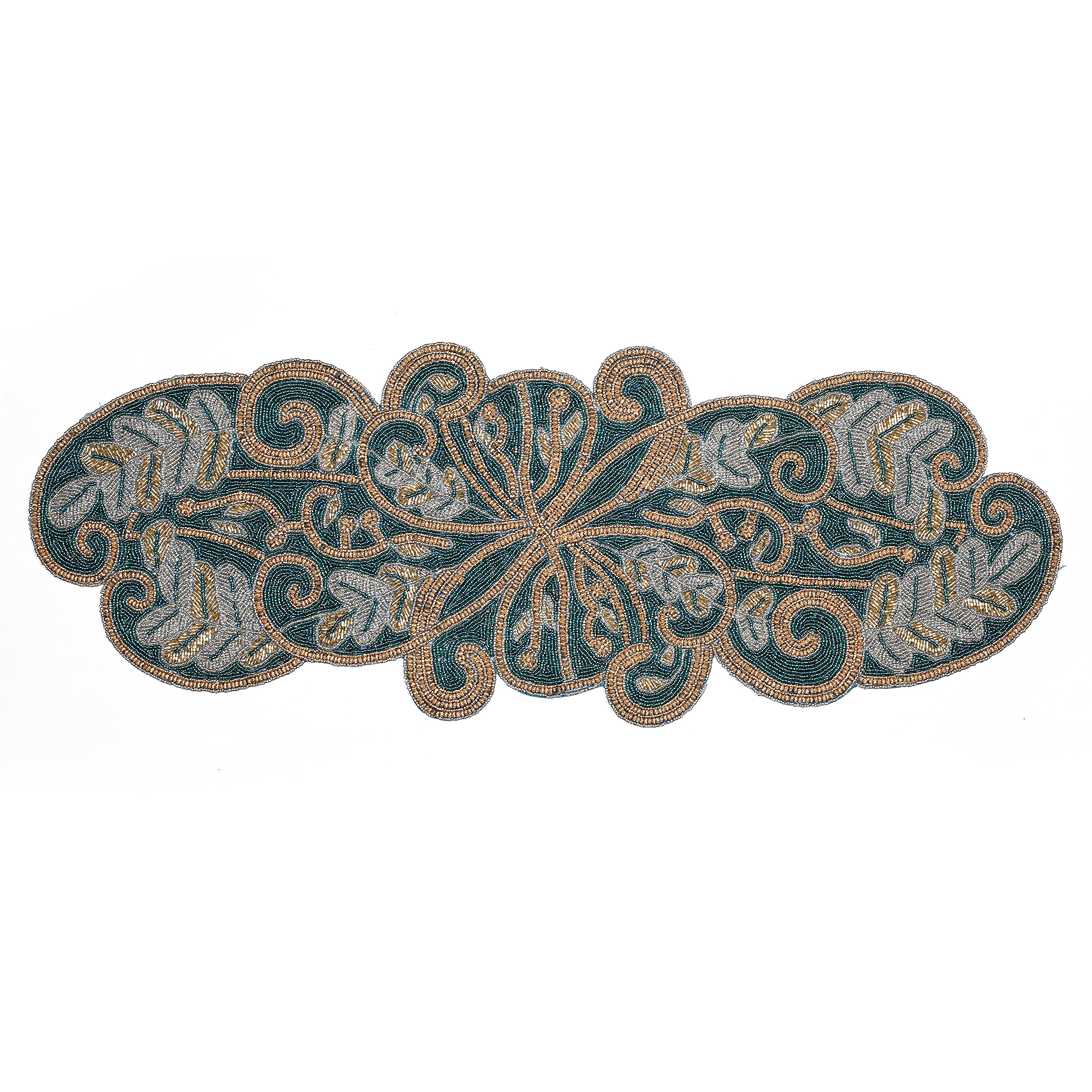 Hand Made Beaded Table Runner 13x36 Inch in scrolled design Teal silver gold colors,produced by skilled village Artisans in India - A Beautiful Complements to Dinner Table Décor