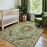 Deerly Green Rug 3x5 Area Rug with Non-Slip Backing, Washable Rugs for Bedroom Living Room Kitchen, Distressed Carpet Printed Low-Pile Soft Dorm Rug Room Decor(Border Green)