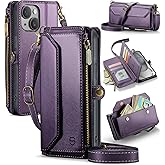 Strapurs Wallet Case Compatible with iPhone 15 RFID Blocking 7-Card Holder Soft PU Leather Magnetic Snap Shoulder Strap Zipper Pocket Phone Case Fit for iPhone 15 for Women 6.1" - Purple