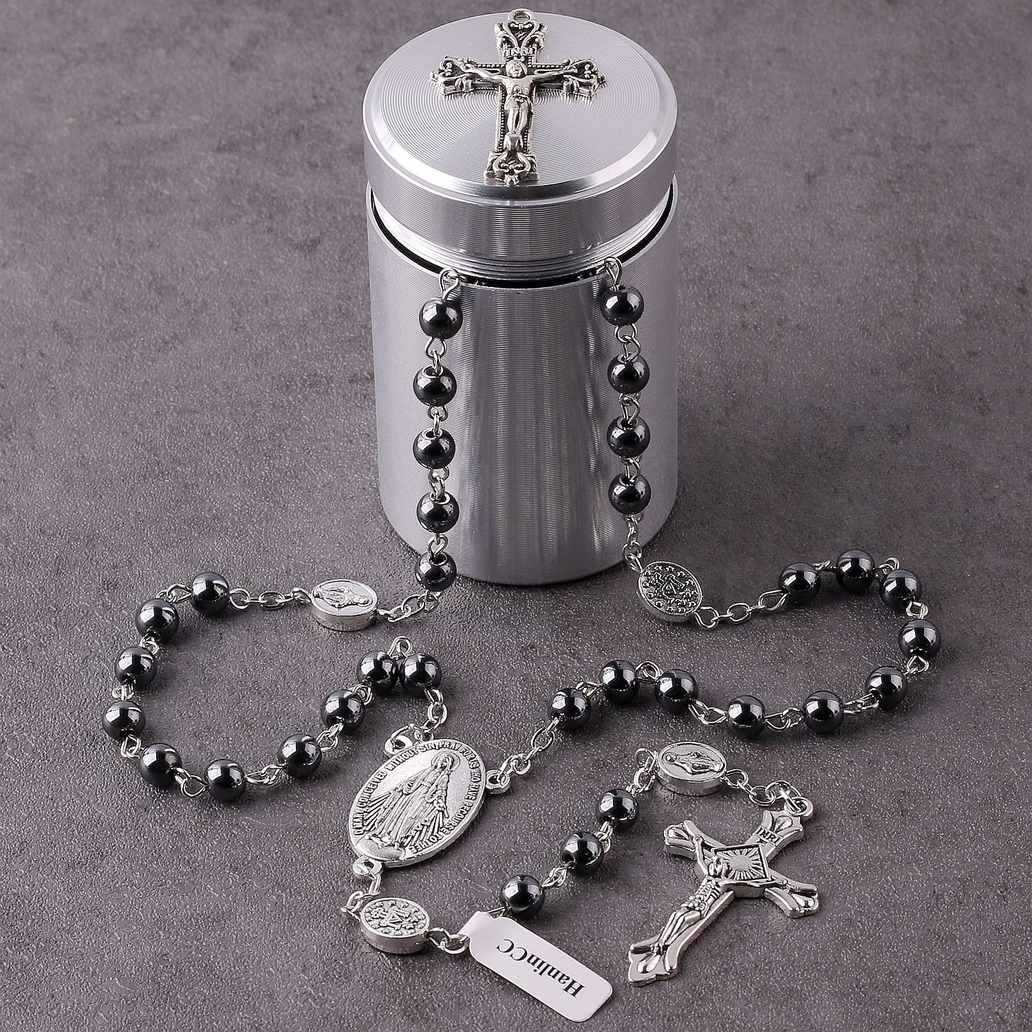 HanlinCC 6mm Hematite black stone beads Miraculous Rosary Necklace with Cross Metal Gift Box ofr Men and Women