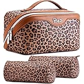 BOYATU Travel Makeup Bag for Women: 3 Pcs Set Portable Make up Bags with Handle - Leopard Print Cosmetic Bags with Comparments - Waterproof Vegan Leather Toiletry Bag (A-1-Brown)