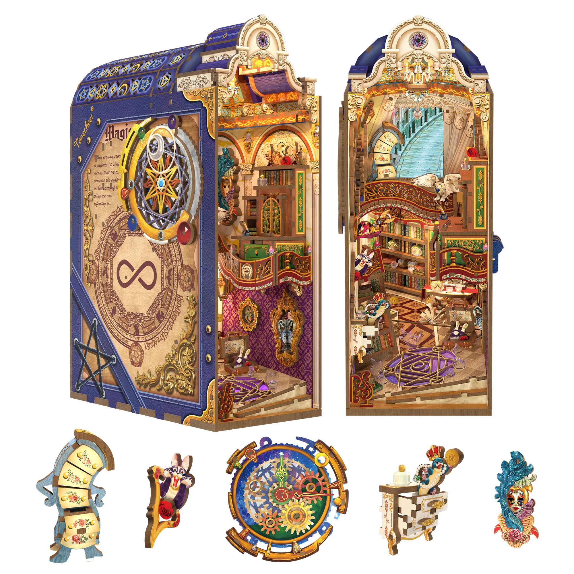 Tonecheer Book Nook Kit with Dust Cover and LED Light, Magical Library Booknook DIY Miniature House 3D Wooden Puzzle, Movable and Rotating Parts, Creative Bookshelf Decor, Unique Gift for Adults — image 1