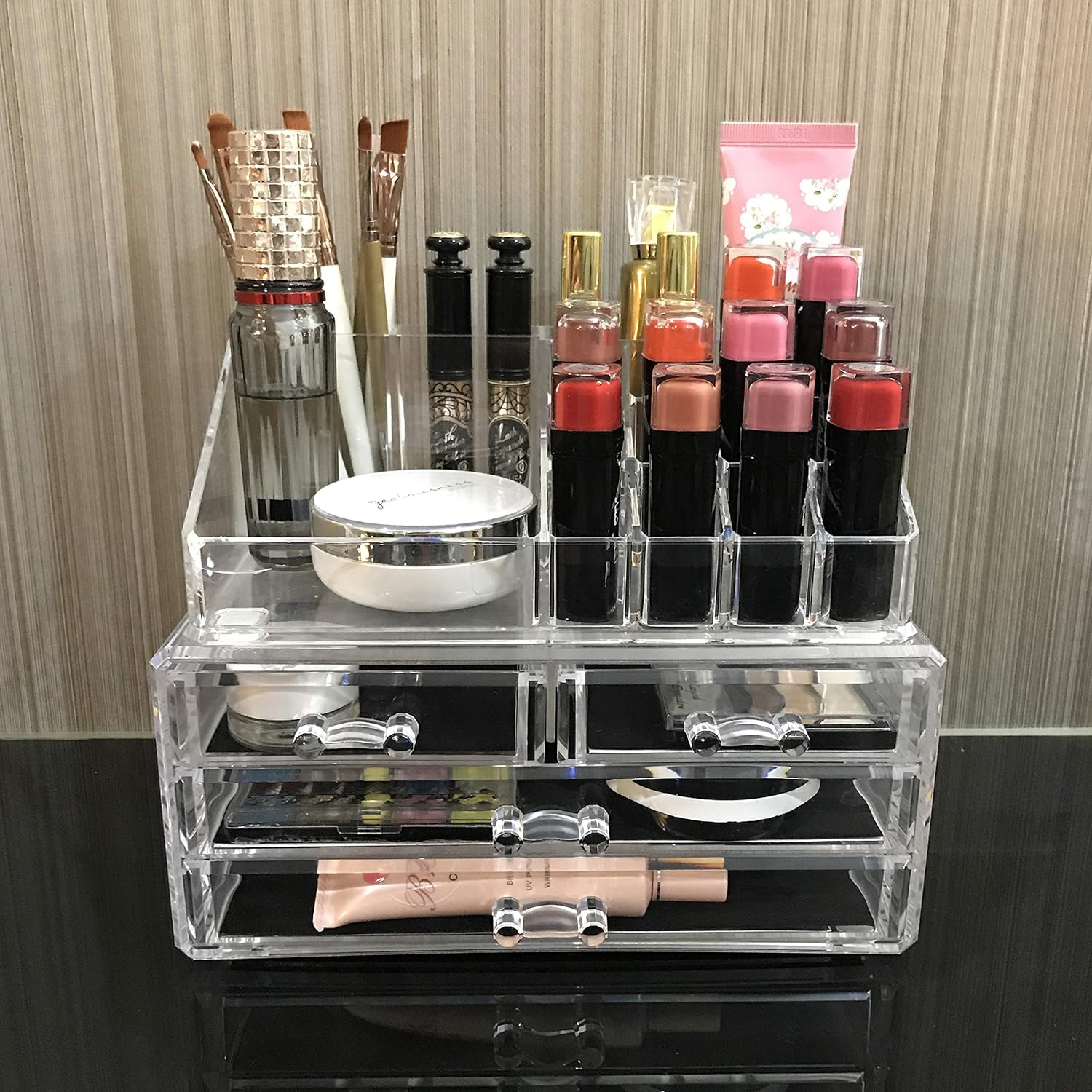 Ikee Design Jewelry Makeup Cosmetic Storage Organizer Two Pieces Set - Organize Cosmetics, Jewelry, Hair Accessories, Bathroom Counter or Dresser, Clear Design for Easy Visibility: Home & Kitchen