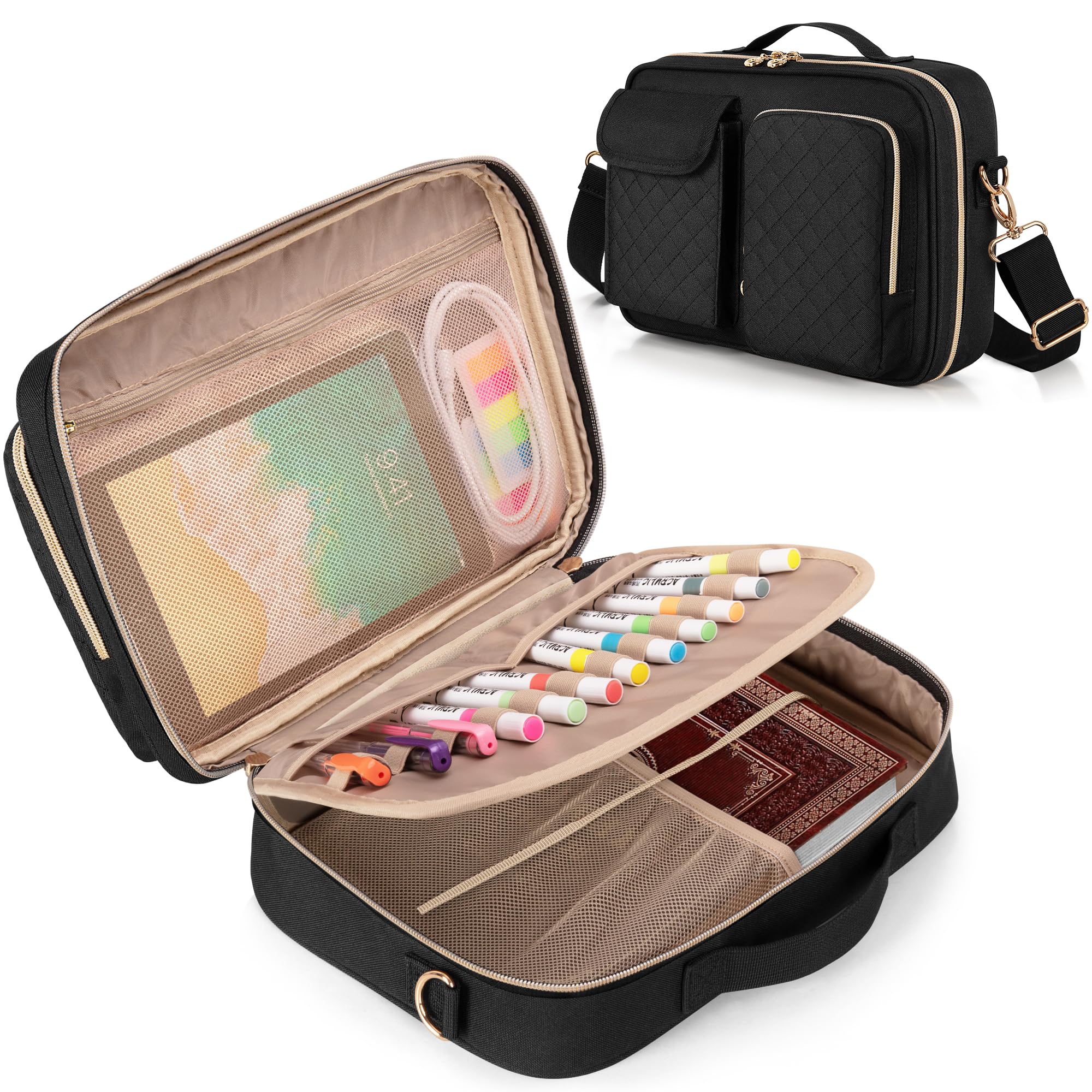 Luxja Bible Cover Case for Women with Detachable Pen Slots, Bible Case with Multiple Pockets and Shoulder Strap (Patent Pending), Black