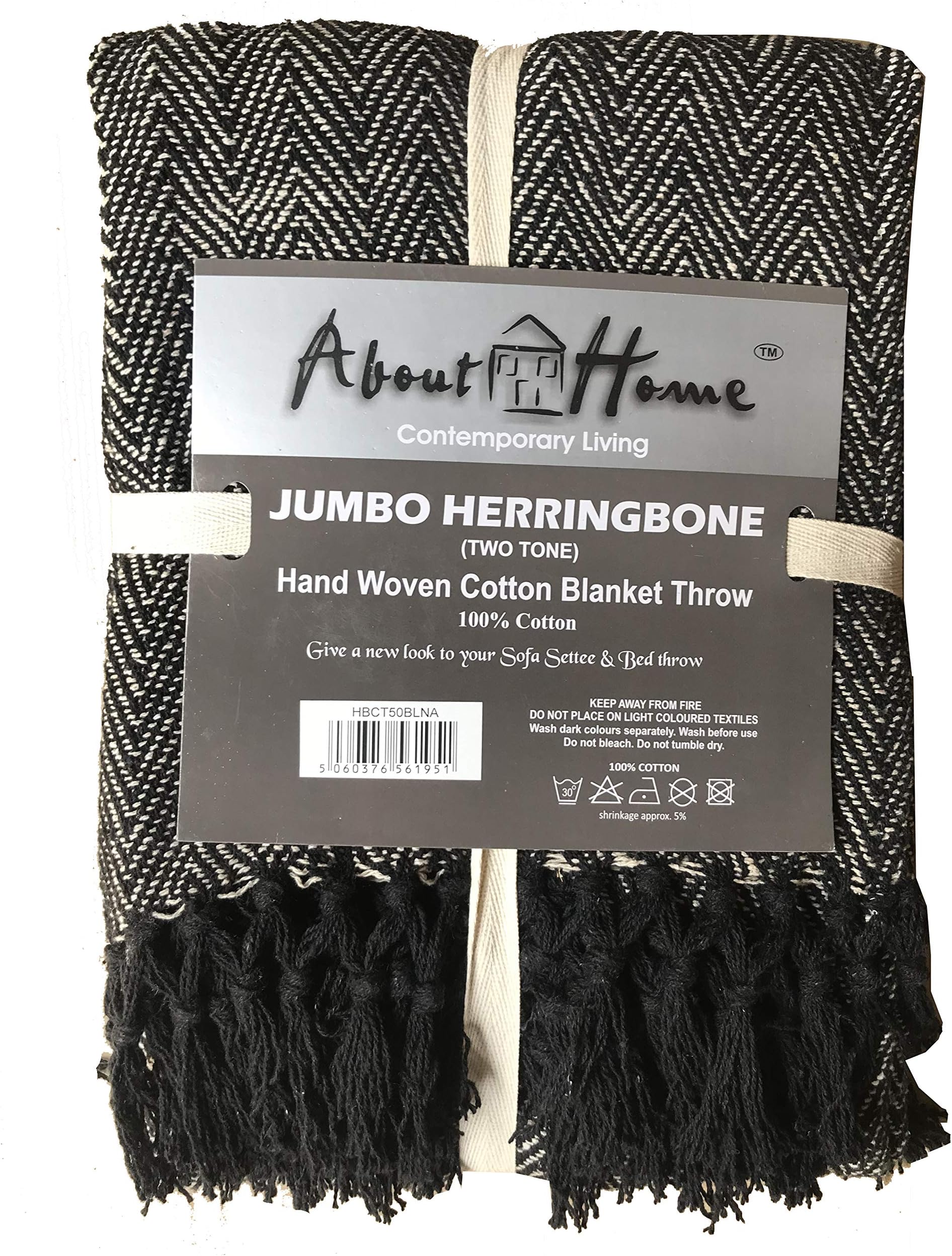 About Home Cotton Rich Herringbone Blanket Throw, Settee Cover (Black/natural, 50"x60")