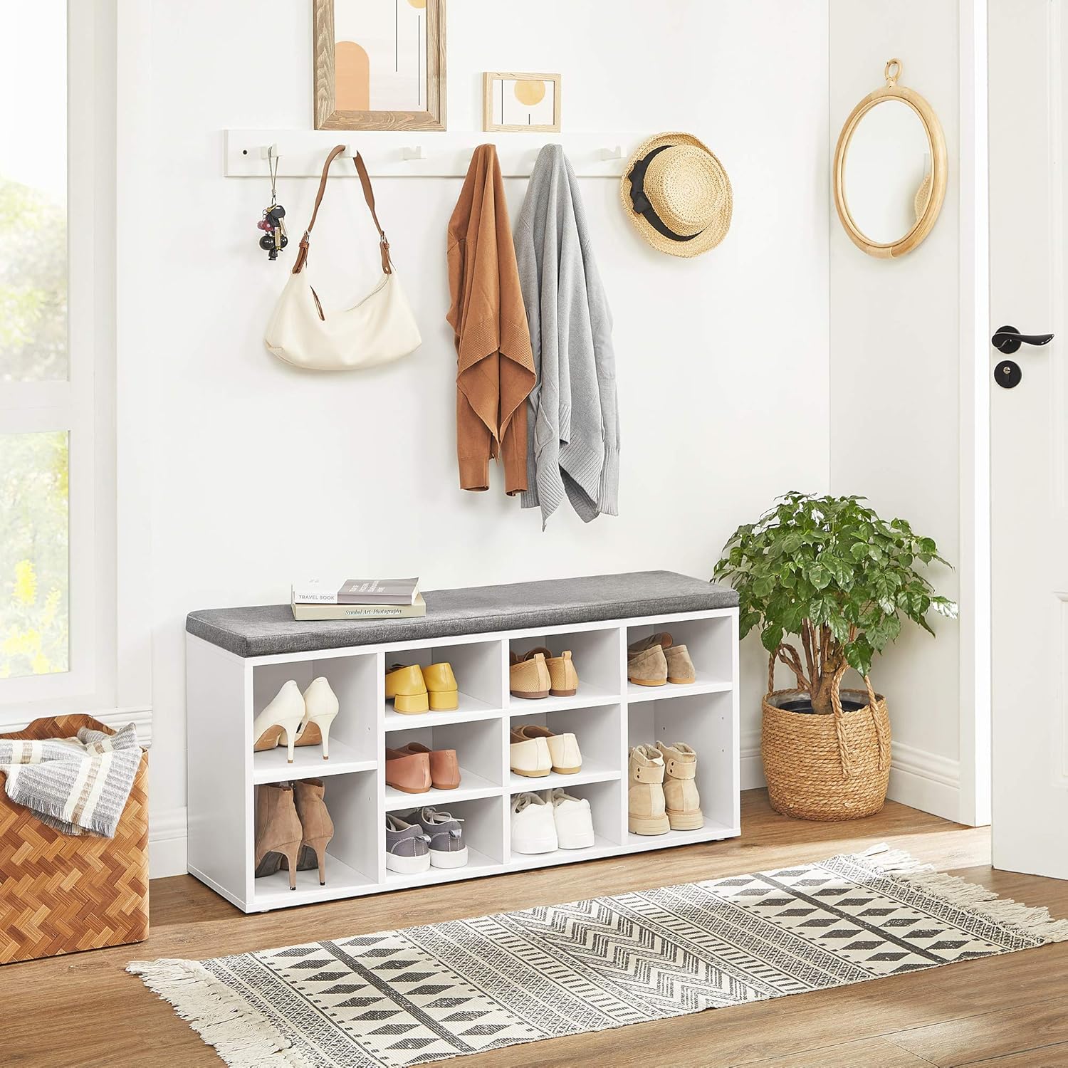 VASAGLE Cubbie Shoe Cabinet Storage Bench with Cushion, Adjustable Shelves, Holds up to 440lb, White ULHS10WT: Kitchen & Dining