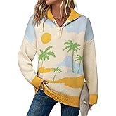 Ezcosplay Collared Oversized Sweaters for Women Casual Long Sleeve Retro Graphic Color Block Pullover Knit Sweater