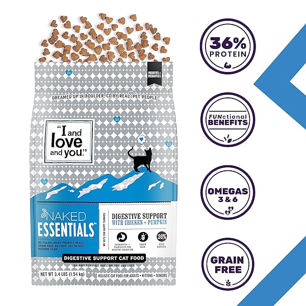 I AND LOVE AND YOU NAKED ESSENTIALS DRY CAT FOOD – CHICKEN + PUMPKIN FOR DIGESTIVE SUPPORT – GRAIN FREE, REAL MEAT, PREBIOTICS + PROBIOTICS, 3.4LB BAG