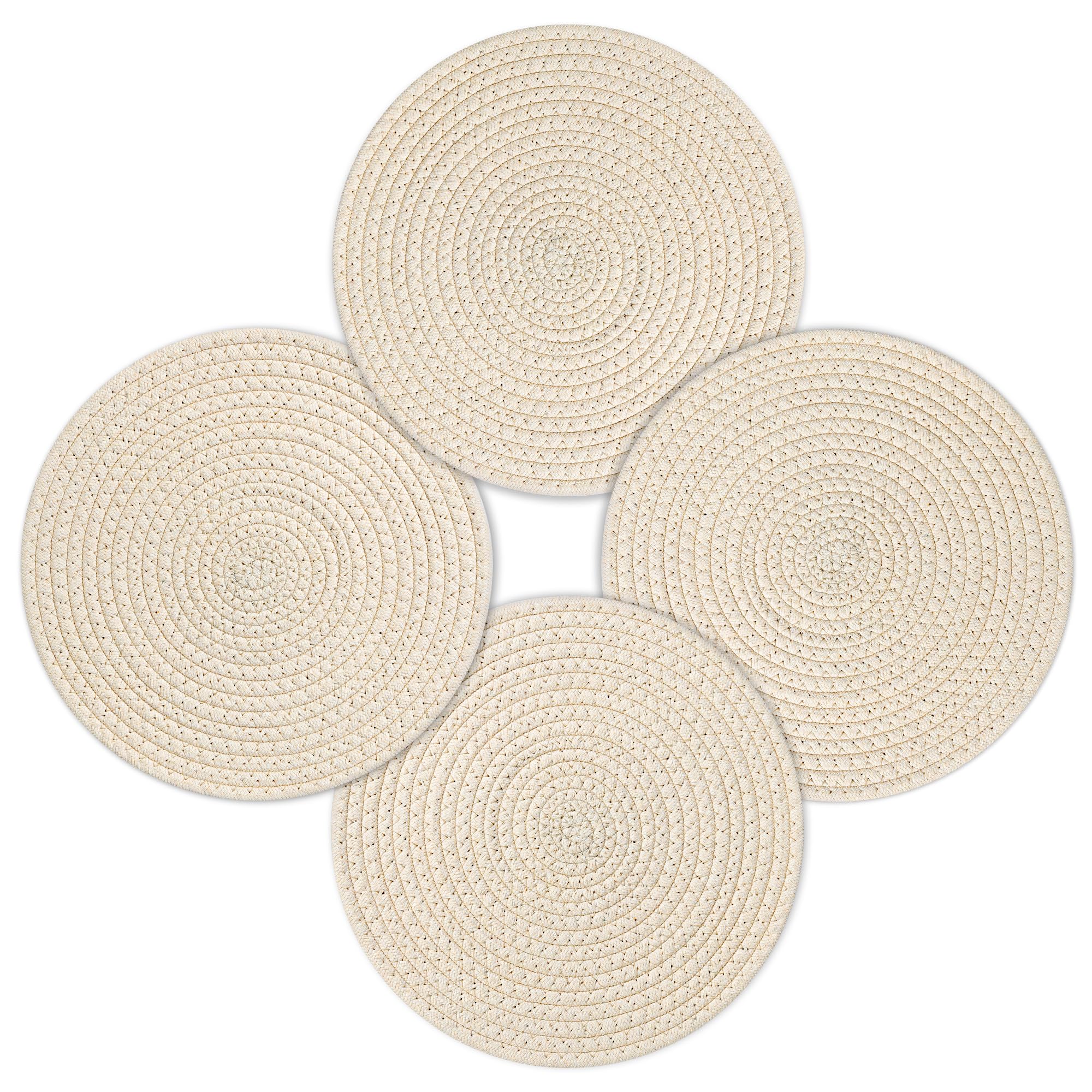 fanquare Set of 4 Round Woven Placemats,Cotton Placemats for Kids Adults, Non-slip Washable Heat Resistant Table Mats Coaster Dinner Table Kitchen(Khaki, 30cm)