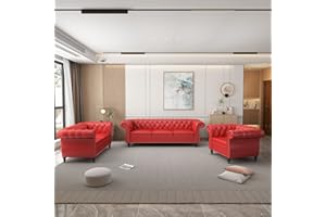 ORRD 3 Pieces Living Room Set, Chesterfield Sofa Faux Leather Loveseat Couch Chair with Scroll Arms and Nailhead for Living Room, Office (Burgundy)