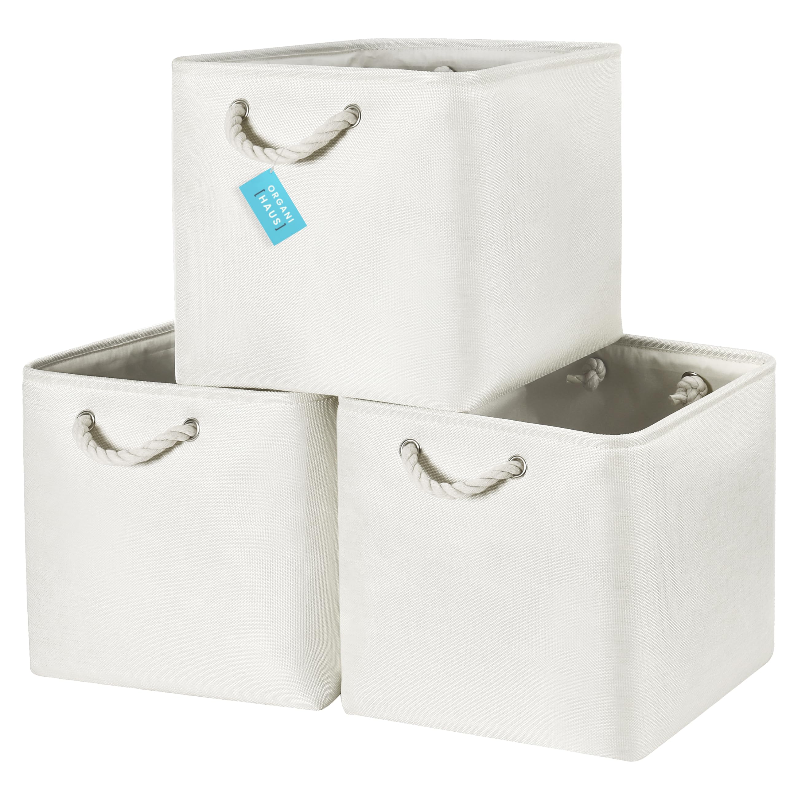 OrganiHaus Fabric Storage Boxes, Set of 3 Foldable 33X33 Cube Organiser Bins with Rope Handles for Shelves, Nursery & Closet, Collapsible Storage Baskets for Toys, Clothes & More - Off-White