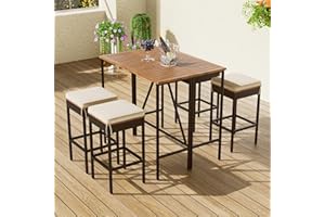 5-Piece Brown Outdoor Bar Set, Bar Height Patio Table and Chairs for 4, Acacia Wood PE Rattan High Top Outdoor Table and Chai