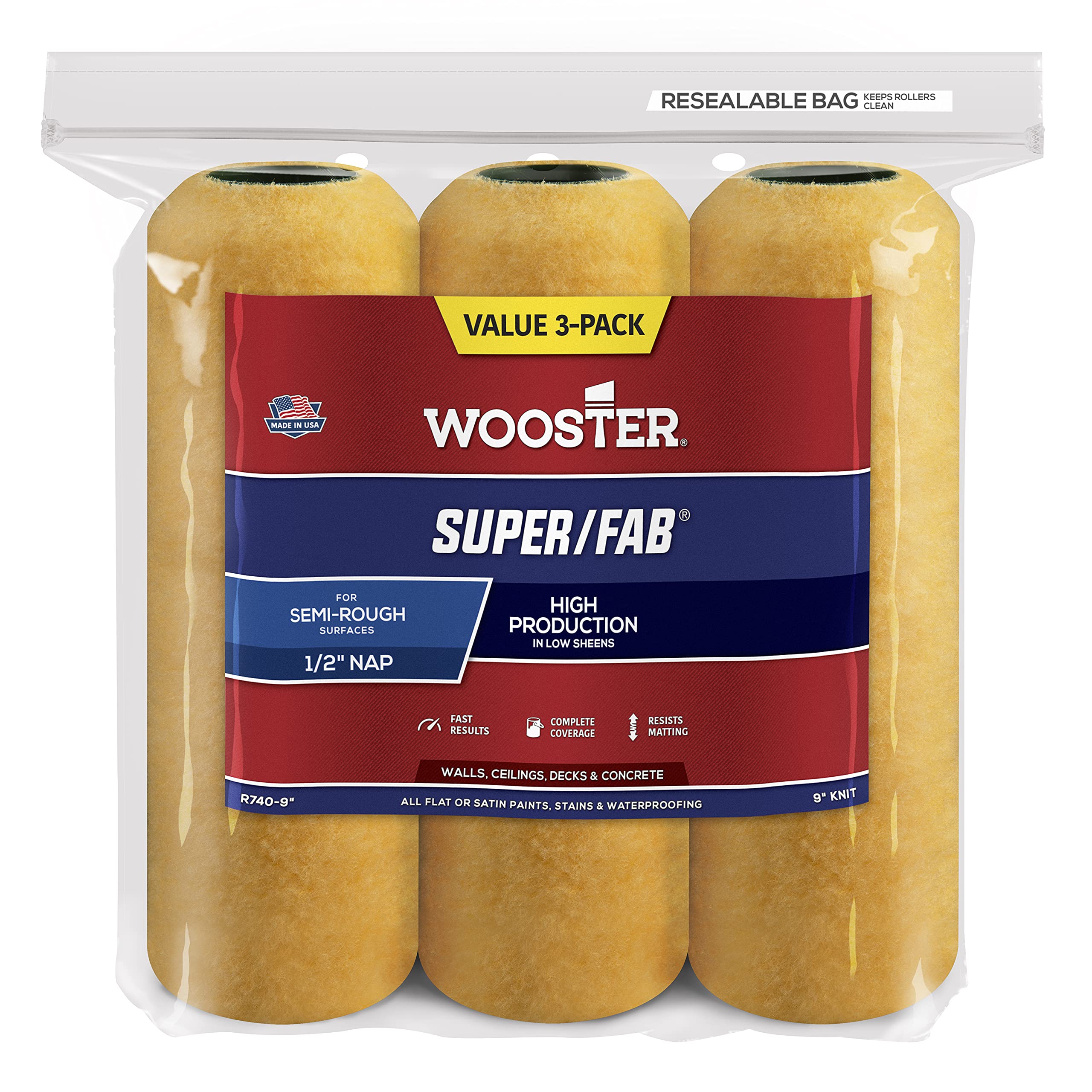 Wooster Brush, 9 R740-9 Super/Fab Roller, 1/2-Inch Nap, 3-Pack, Inch