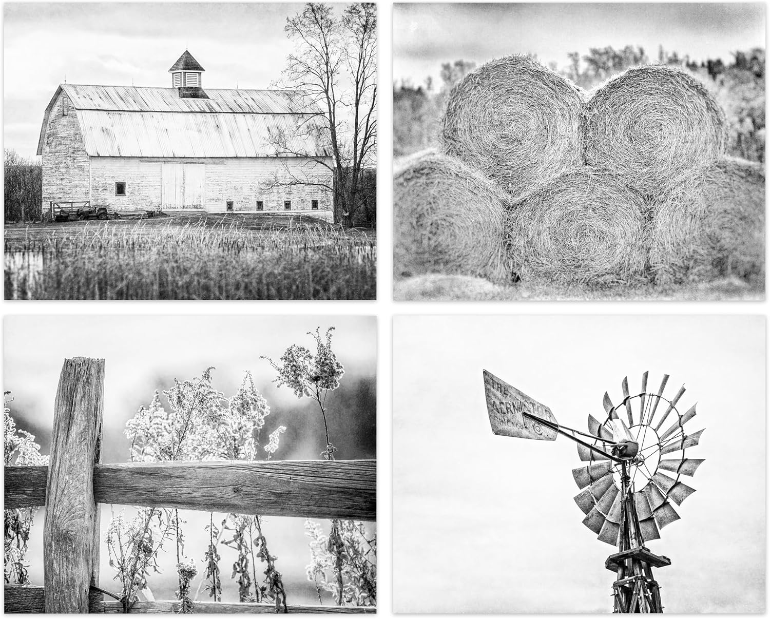 Photographs - LISA RUSSO FINE ART - Black and White Rustic Farmhouse Wall Art Set of 4 8x10” Unframed Prints with 11x14” White Mats - Neutral Tone Vintage Barn, Hay, Windmill Photographs for Wall Decor