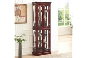 Anveffeg 70" Lighted Curio Cabinet with Tempered Glass Doors - Cherry Wooden Curio Cabinet for Collectibles, China & Antiques, Adjustable Glass Shelves, Lockable, Mirror Back E26 Bulb Not Included