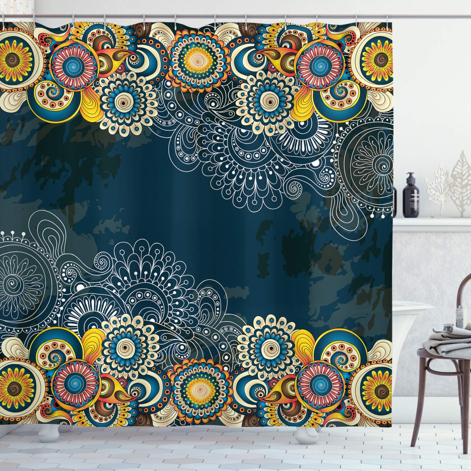 ABAKUHAUS Psychedelic Shower Curtain, Floral Bizarre Design Vintage Ornaments Leaves Paisley Pop Art Mandala Print, Cloth Fabric Bathroom Decor Set with Hooks, 175 x 200 cm, Blue Yellow