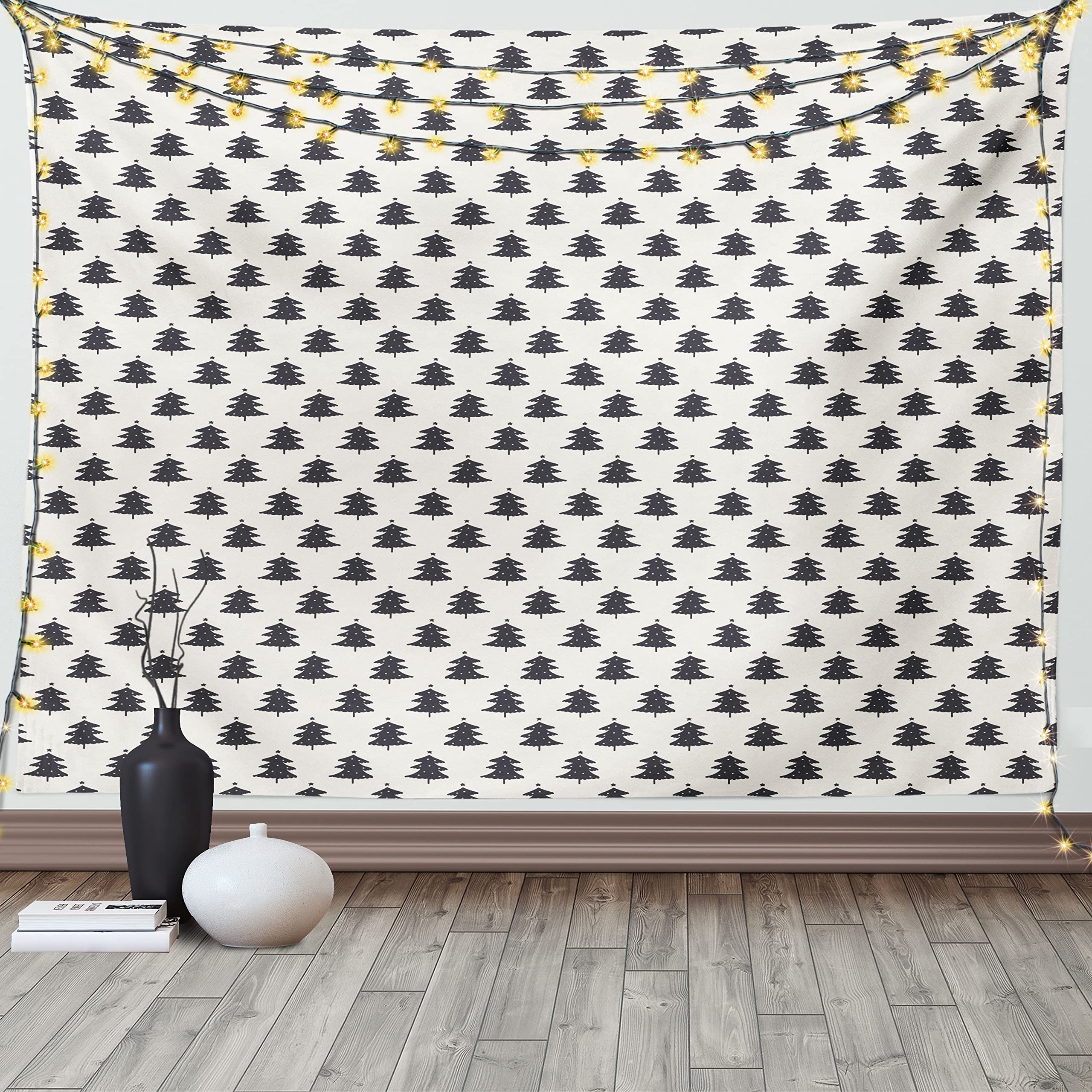 ABAKUHAUS Christmas Tapestry, Fir Tree Silhouettes with Stars Noel Themed Woodland Illustration, Fabric Wall Hanging Decor for Bedroom Living Room Dorm, 150 x 110 cm, Coke-Grey And İvory