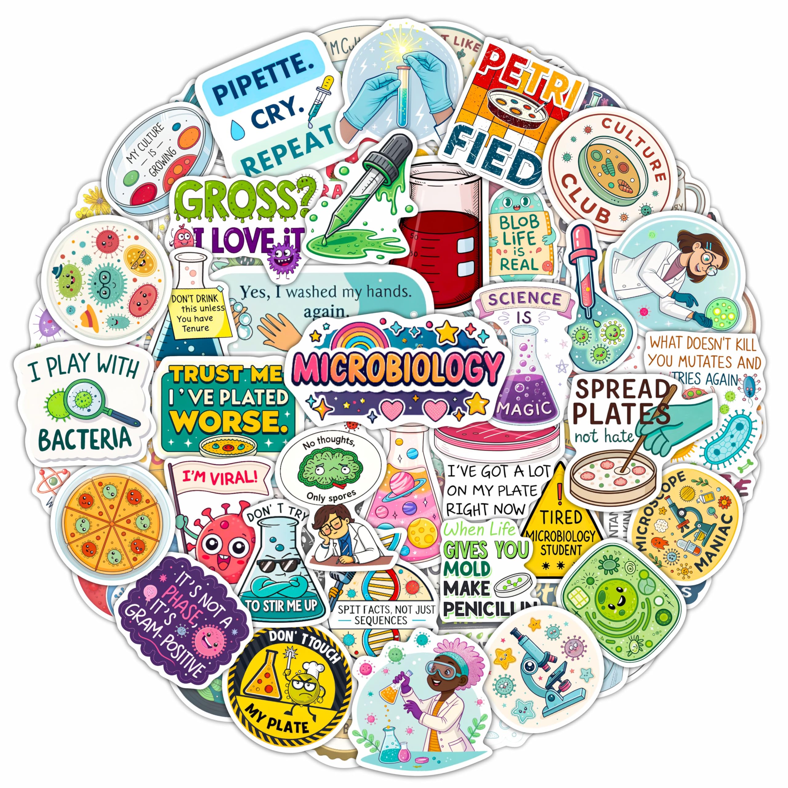 Photo 1 of 100Pcs Funny Microbiology Vinyl Stickers for Water Bottle, Laptop -Nerd Biology Stickers - Microbiology Gifts, Party Supplies - Gift for Women & Men