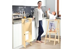 QIFEILA Foldable Toddler Tower, Montessori Toddler Step Stool, Adjustable Toddler Kitchen Stool Helper, Wooden Toddler Stool, Montessori Kids Toddler Standing Tower with Safety Rails
