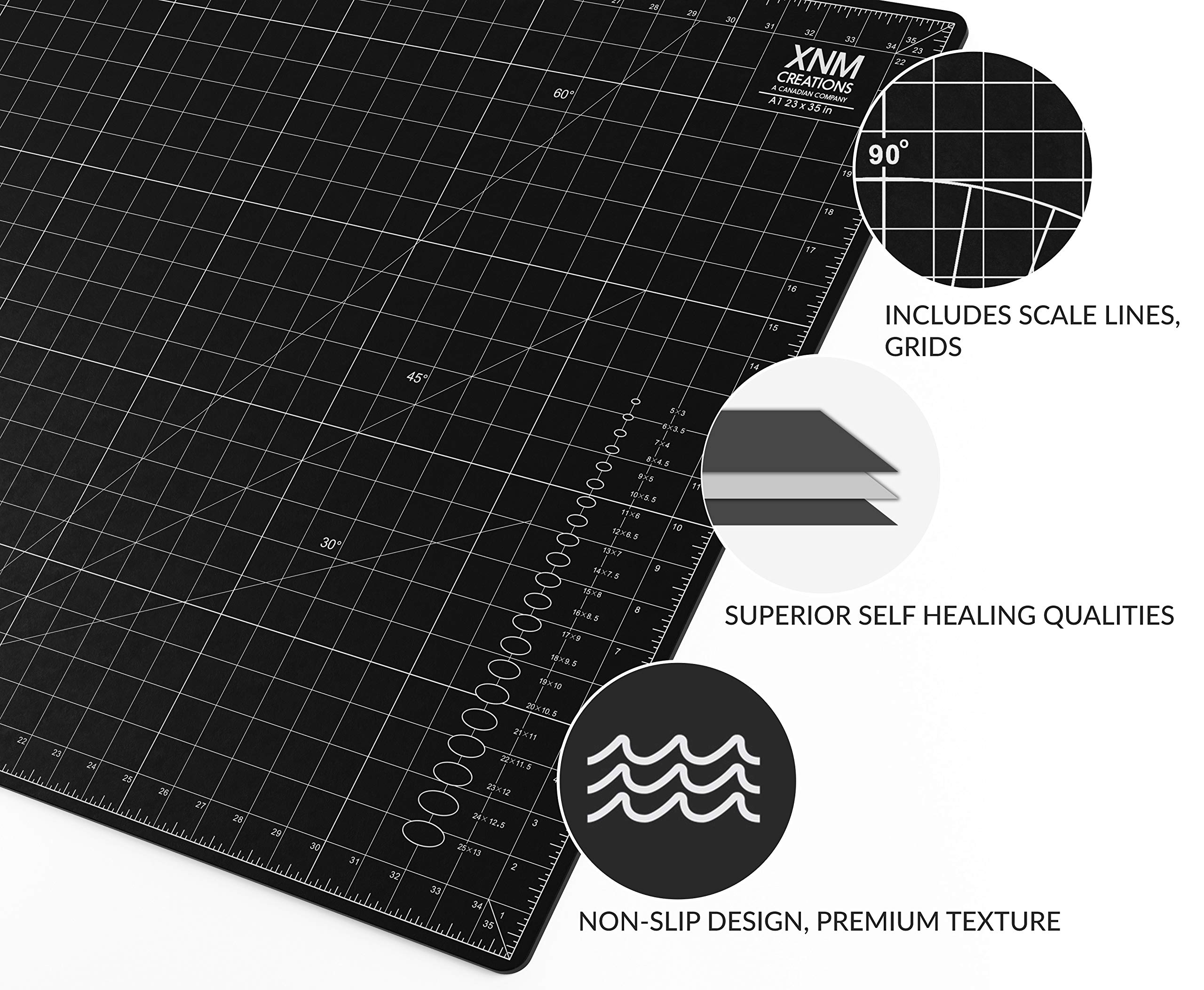 XNM Premium Self Healing Cutting Mat - 24 Inches by 36 inches - A1, 3 Layer Quality PVC Construction - Dual Sided, Imperial and Metric Grid Lines - Perfect for Cutting, Sewing, and Crafts