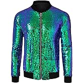 Lars Amadeus Men's Varsity Jacket Halloween Party Disco Shiny Sparkly Glitter Bomber Sequins Jacket