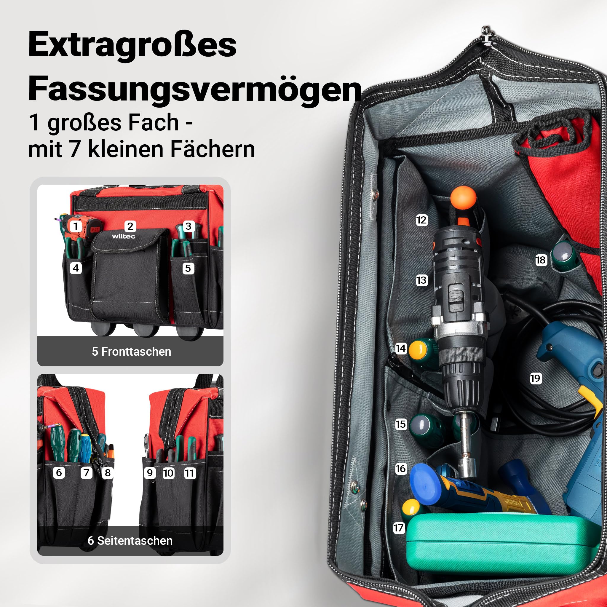 Wiltec Werkzeugtrolley 46 x 25 x 37 cm bis 40 kg, Werkzeugkoffer mit Rollen 19 Fächer, Werkzeug Trolley verstärkter Boden, robuste Werkzeugtasche 4