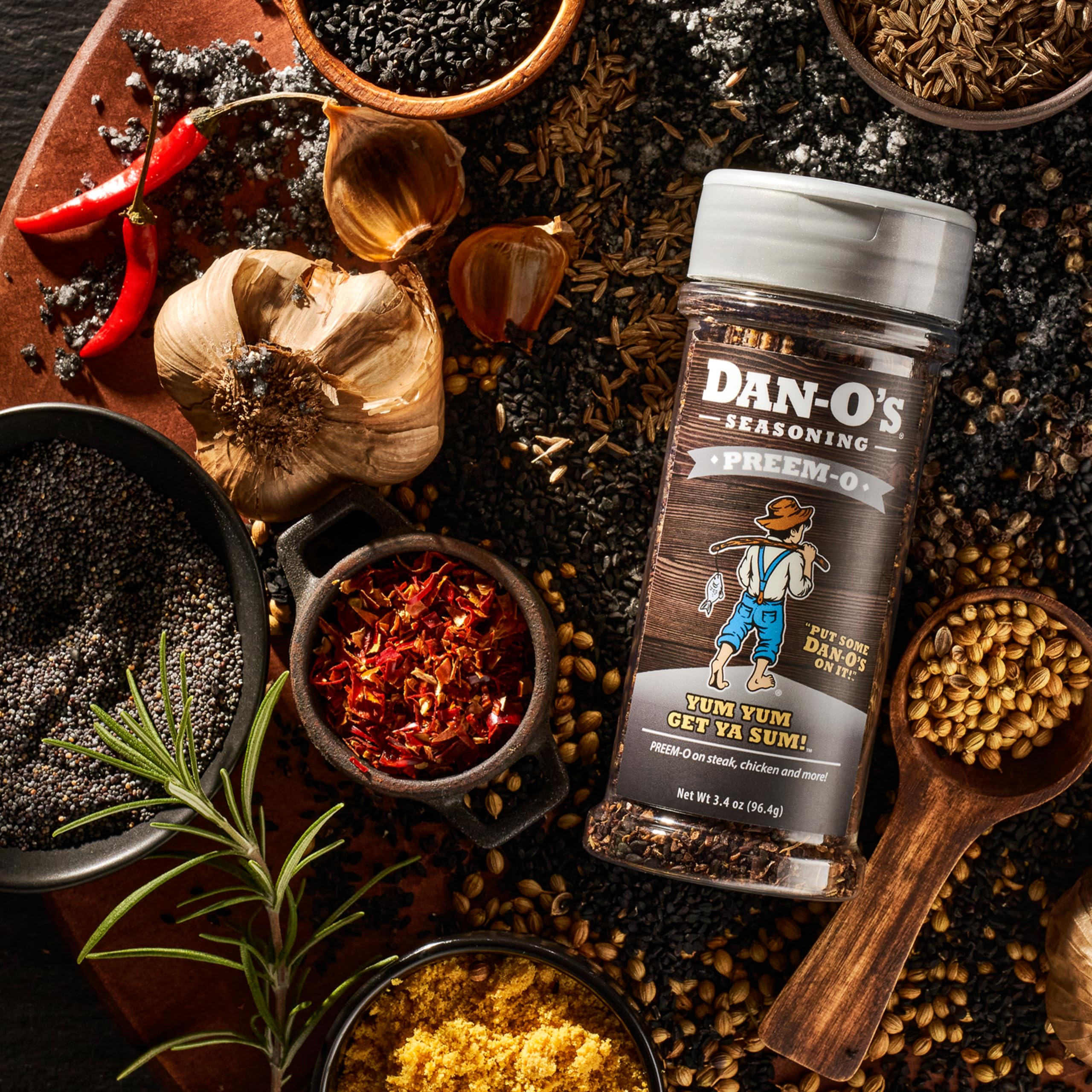 Dan-O's Preem-O Seasoning, 3.4 oz Bottle, Meat Seasoning for Steak, Ribs, Chicken, Brisket and More, Sugar Free, Zero Calorie, Use this Spice Blend to Craft a Marinade, Dry Rub or Sauce