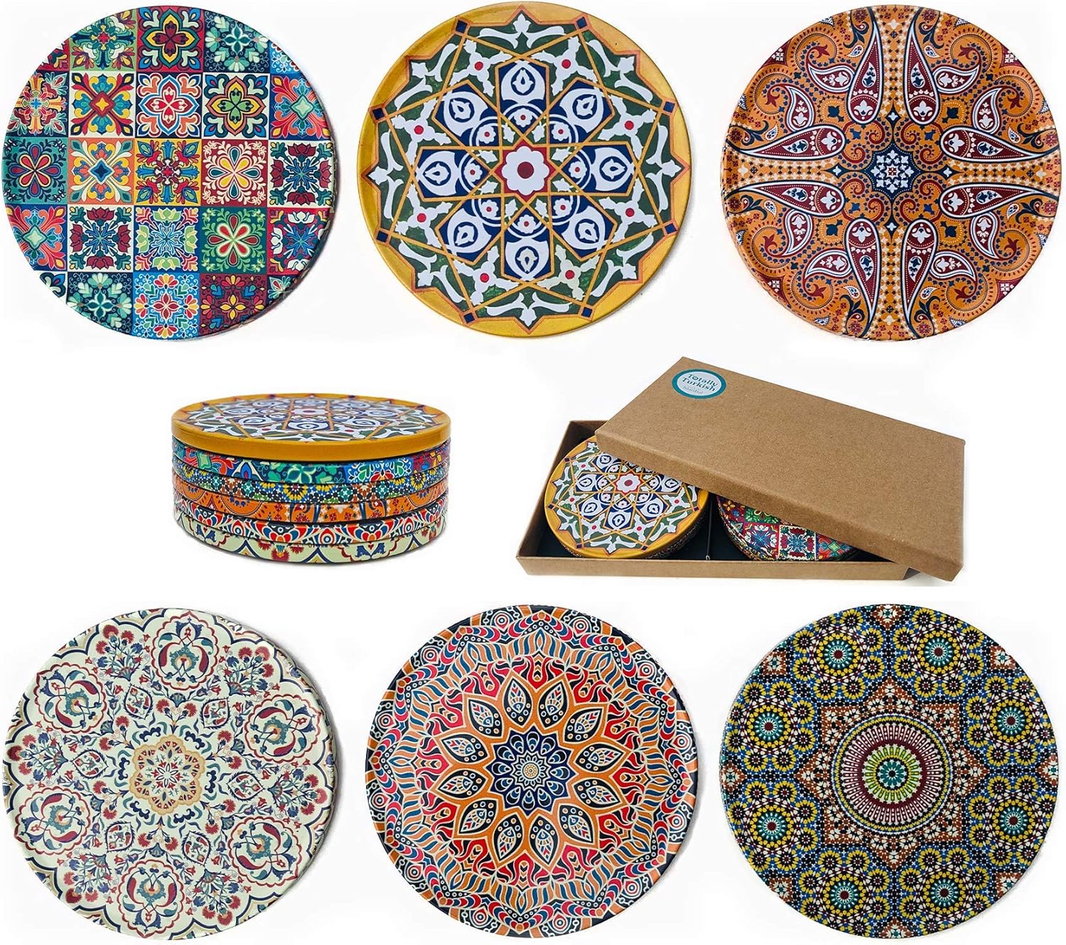 Totally Turkish - Patterned Drink Coasters Set of 6 - Giftable Design Drinks Mat Set - Non-Scratch Top With Non-Slip Cork Base (Galata)