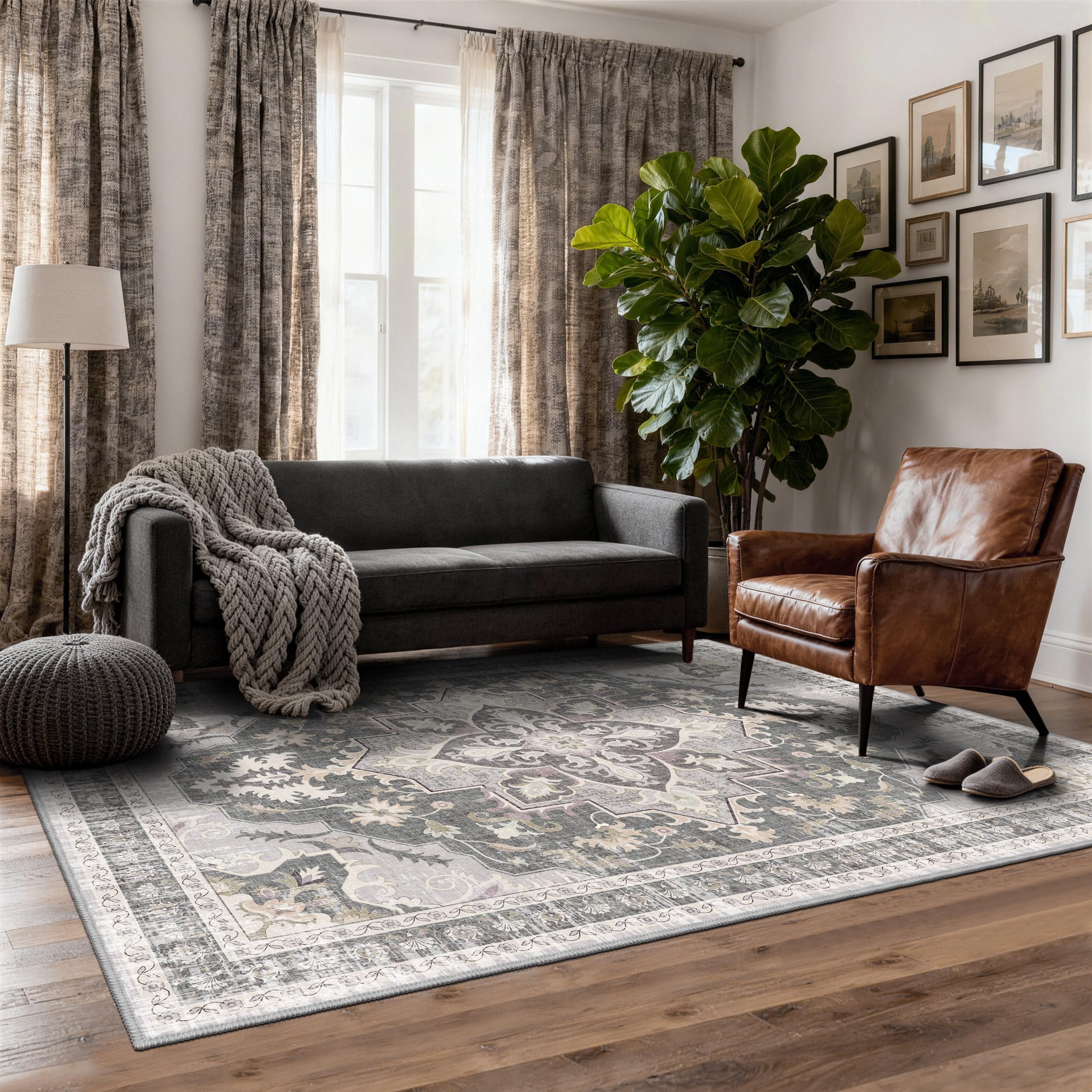TTelephant Area Rugs 5x7, Washable Rugs for Living Room, Soft Non-Slip Vintage Medallion Rug, Low-Pile Printed Carpet for Living Room, Bedroom, Dining Room -Ash Image